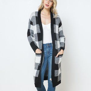 Knit Plaid Cardigan w/ Solid Hem Contrast